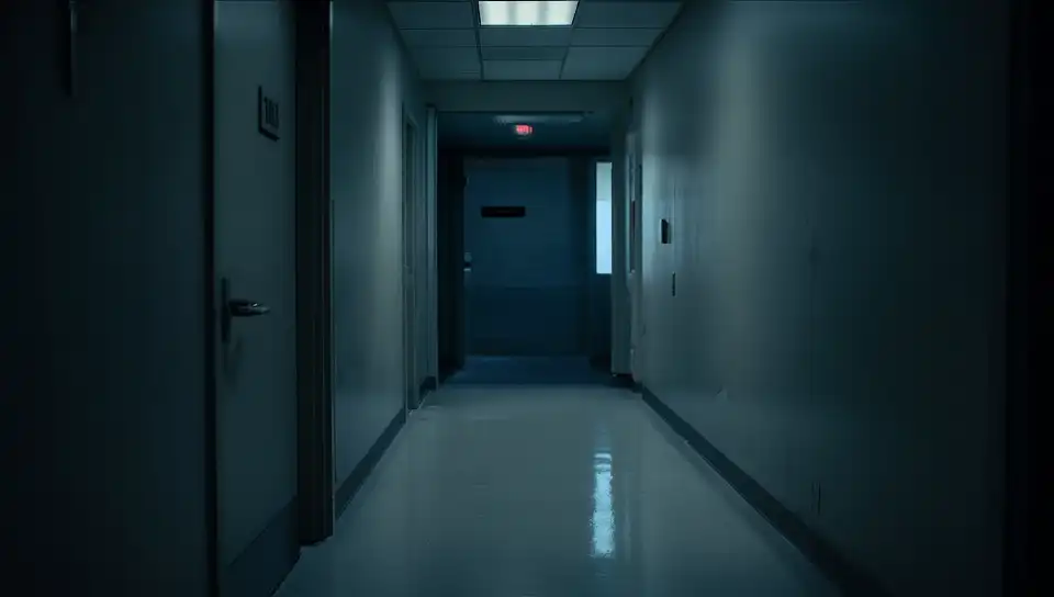 Câmera se aproximando da porta do quarto hospitalar à noite, com número “103” em destaque.